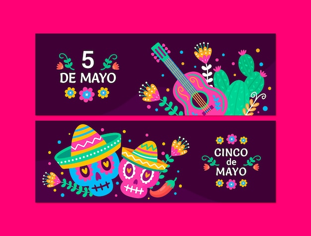 Kostenloser Vektor flaches cinco de mayo-paket mit horizontalen bannern