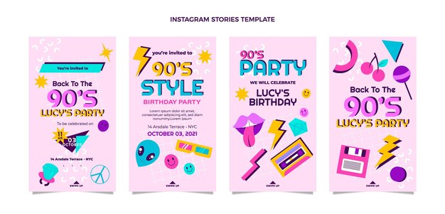 Flaches Design 90er Jahre nostalgische Instagram-Geburtstagsgeschichten