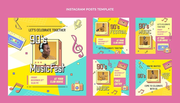 Flaches design 90er jahre nostalgisches musikfestival instagram beiträge