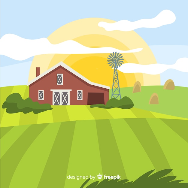 Flaches Design Bauernhof Landschaft Hintergrund