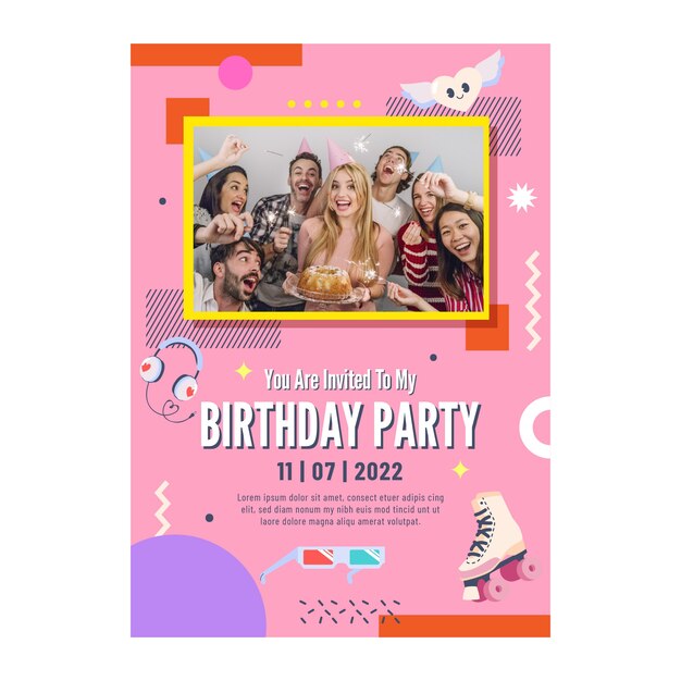 Flaches Design bunte 90er-Party-Einladung