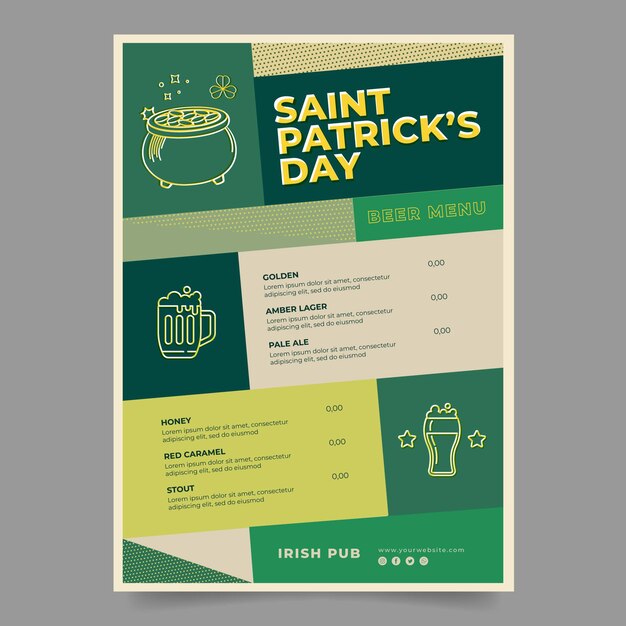 Flaches Design der St. Patrick's Day Menüvorlage