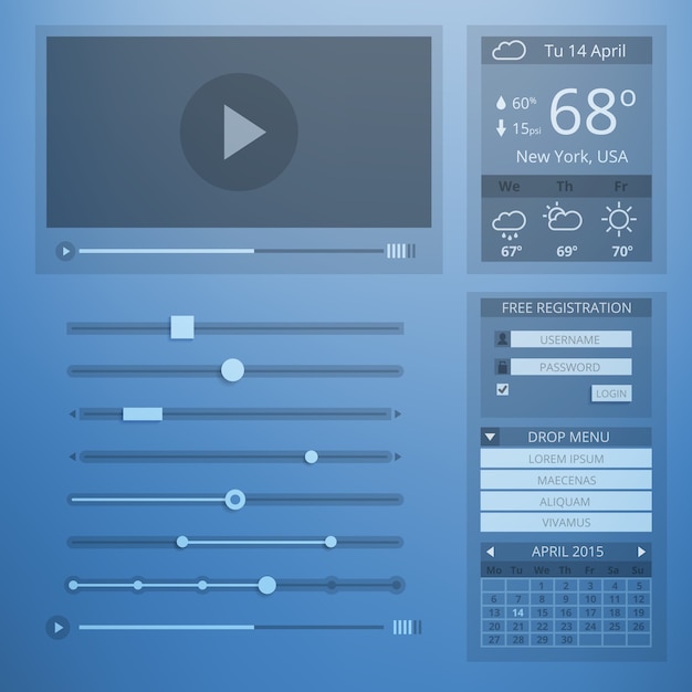 Flaches design der ui-transparenz von webelementen. einstellungs- und website-menü, wetter und kontrolle, konto und daten, webseite und video-player.