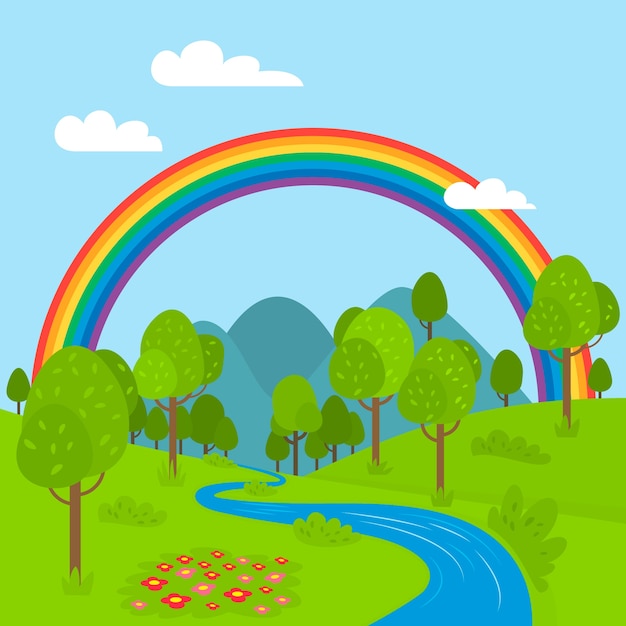 Flaches design des regenbogens mit fluss