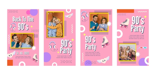 Kostenloser Vektor flaches design farbenfrohe 90er-party-instagram-geschichten