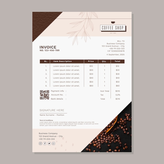 Flaches Design minimale Coffee-Shop-Rechnungsvorlage