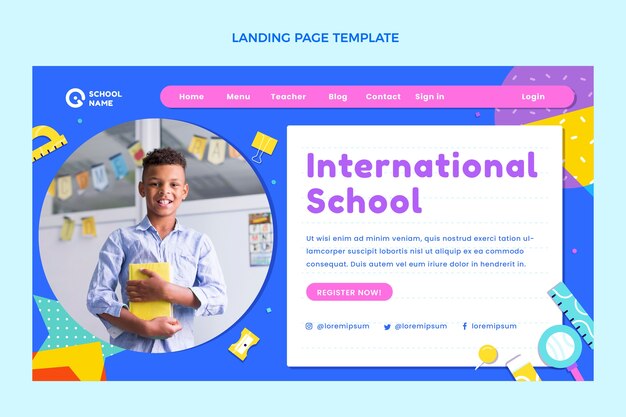 Flaches Design, minimale Zielseite der internationalen Schule