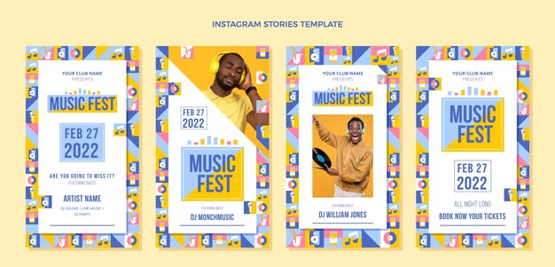 Flaches Design-Mosaik-Musikfestival-Instagram-Geschichten