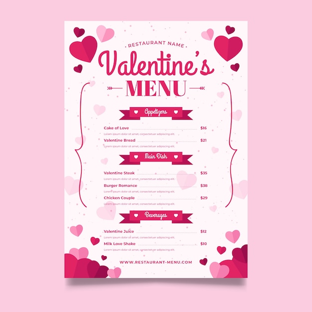 Flaches design valentinstag menüvorlage