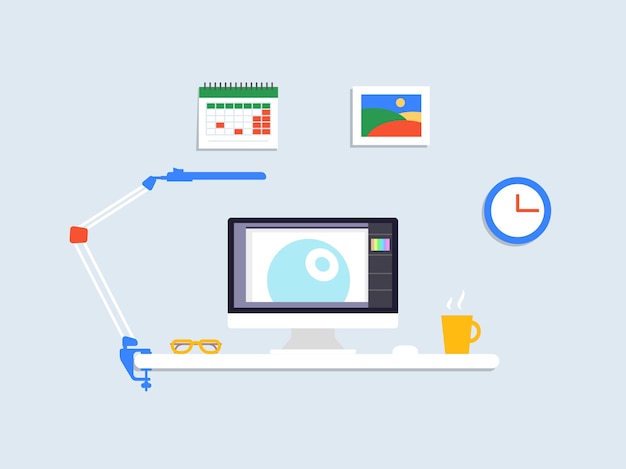 Kostenloser Vektor flaches designer-arbeitsplatzkonzept