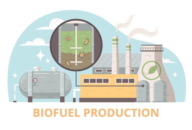 Flaches Designkonzept der Biokraftstoffproduktion, das eine Verarbeitungsanlage zur Umwandlung von Biomasse in Energie durch Vektorillustration der anaeroben Vergärungsmethode demonstriert