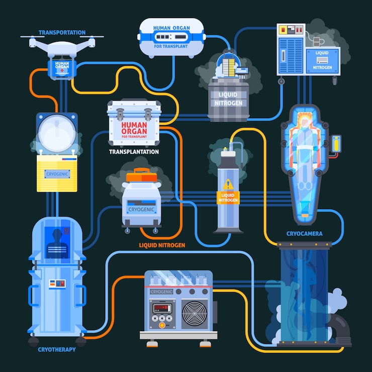 Kostenlose Vektor flaches flussdiagramm der kryonik-transplantation infographic