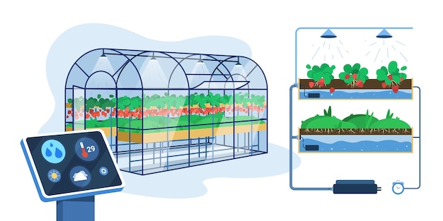 Kostenloser Vektor flaches gewächshaus mit technologie für den anbau oder die automatische bewässerung von pflanzen