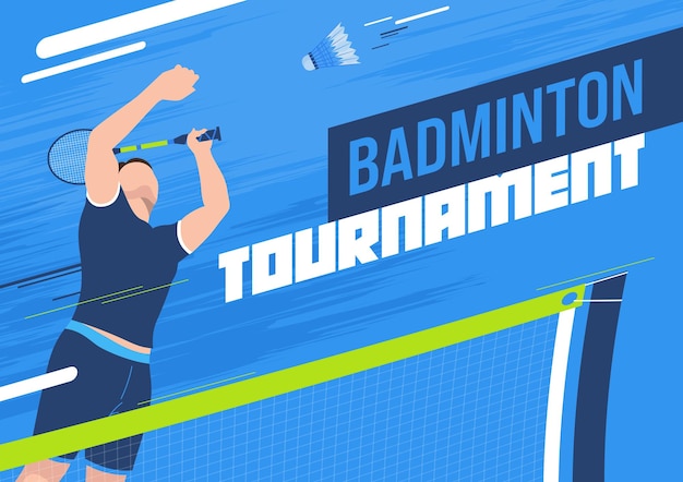 Flaches horizontales Plakat des Badminton-Turniers mit männlichem Spieler in Bewegung, der Federball mit Schläger über Netzvektorillustration schlägt