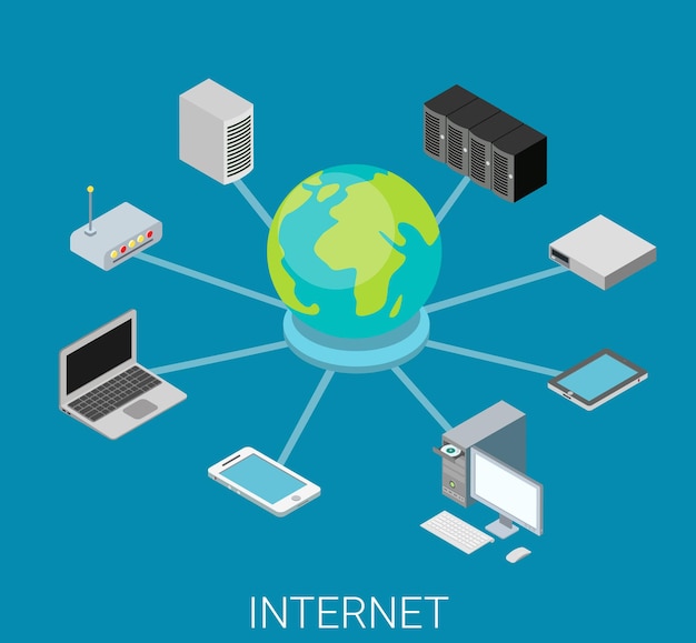 Kostenloser Vektor flaches isometrisches internet-netzwerkkonzept