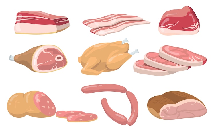 Kostenlose Vektor flaches item-set aus schweinefleisch, rindfleisch und lammfleisch. karikaturfrischfleischprodukte, steaks und würste isolierten vektorillustrationssammlung. lebensmittel- und ernährungskonzept