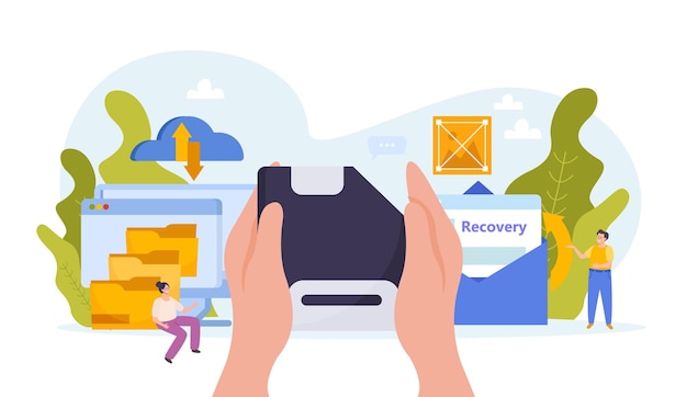 Kostenloser Vektor flaches konzept der sicherung und datenwiederherstellung mit ordnern und cloud-speicher-vektorillustration