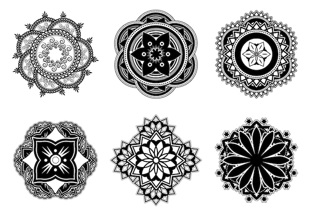 Flaches Mandala-Set mit Mehndi oder Mehendi-Blume. Dekorative abstrakte Mandalasymbole für Tätowierungsvektorillustrationssammlung. Indien Kultur und Dekoration Konzept