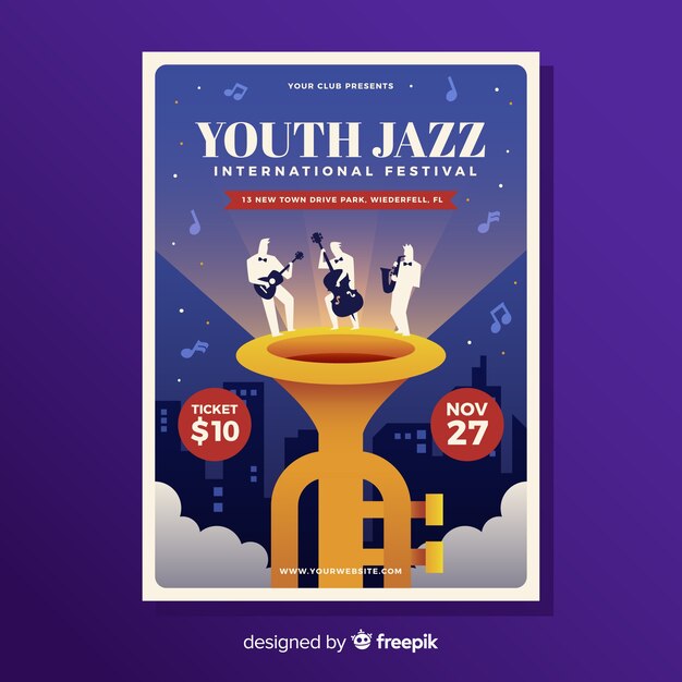 Flaches plakat des jazzmusikfestivals