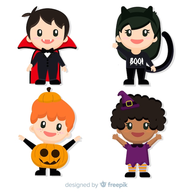 Kostenloser Vektor flaches set halloween-kindercharaktere