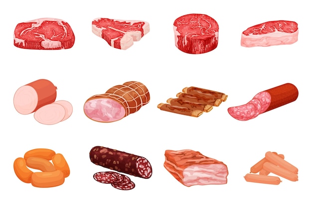 Kostenloser Vektor flaches set von fleischprodukten mit isolierten bildern von rohen steaks, würstchen und speck auf leerer hintergrundvektorillustration