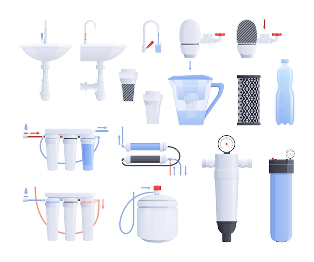 Flaches symbol für wasserfilter mit unterschiedlichen filtertypen für kalt- und warmwasservektorillustration