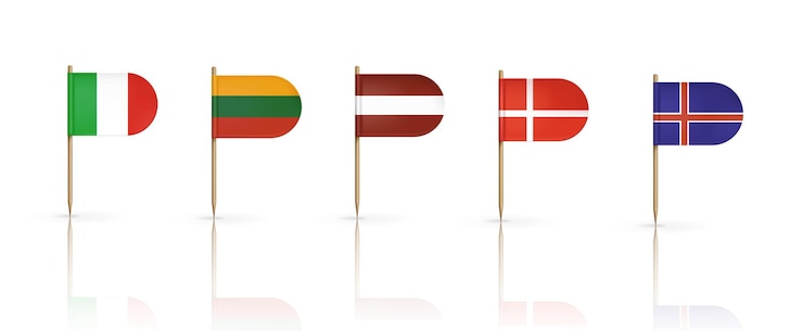 Kostenlose Vektor flaggen von dänemark, litauen, lettland, island und italien auf zahnstochern isoliert auf weiß