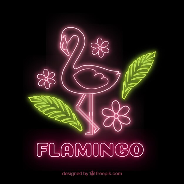 Flamingo Neon mit Pflanzen und Blumen