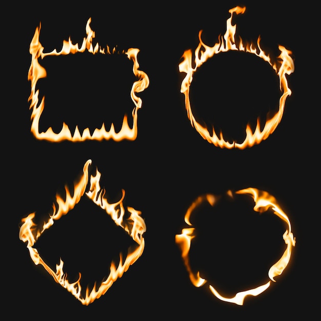 Kostenloser Vektor flammenrahmen, quadratische kreisformen, realistischer brennender feuervektorsatz