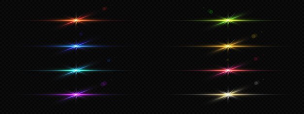 Flare-Lichtlinie und funkelndes Glühen-Vektor-Glanz-Set. Goldroter, rosafarbener und blauer Neon-Glanzstrahl mit Blitzlichtelement. Flackerstreifen mit Laserschimmer-Rand, realistische Überlagerung. Grünes, isoliertes Funkeln