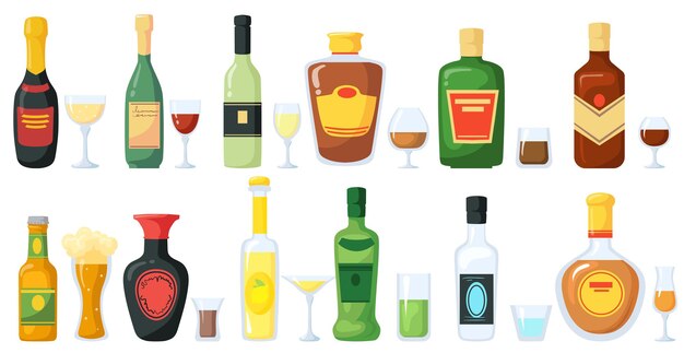 Flaschen alkoholischer Getränke mit Brillenillustration