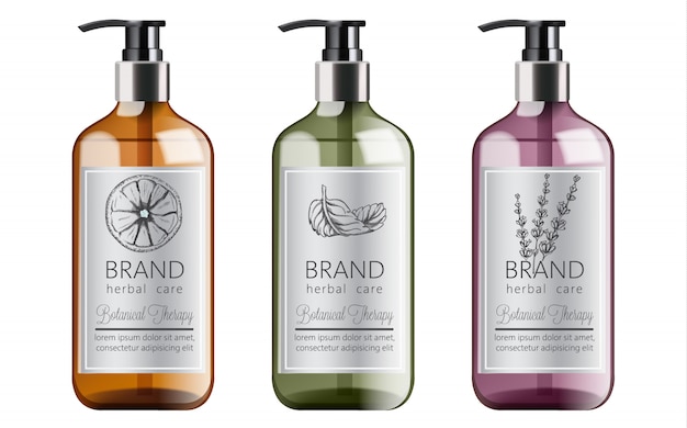 Flaschen Bio-Shampoo mit Kräuterpflege. Verschiedene Pflanzen und Farben. Minze, Orange und Lavendel