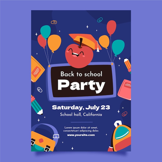 Flat back to school party poster vorlage mit apfellächeln und luftballons