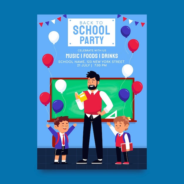 Flat Back to School Party Poster Vorlage mit Lehrer und Kindern im Klassenzimmer