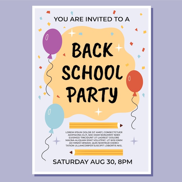 Kostenloser Vektor flat back to school party poster vorlage mit luftballons und konfetti