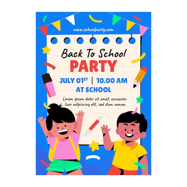 Kostenloser Vektor flat back to school party poster vorlage