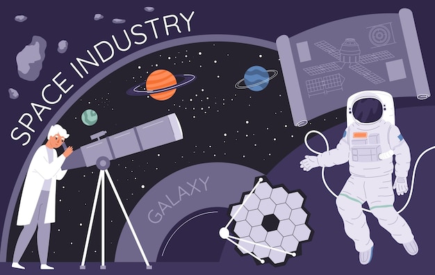 Flat-collage der raumfahrtindustrie mit einem astronauten im raumanzug und einem wissenschaftler, der planeten durch teleskop-vektor-illustration beobachtet