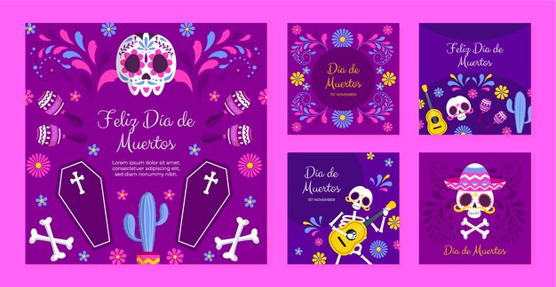 Kostenloser Vektor flat dia de muertos feier instagram posts sammlung