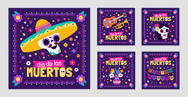 Kostenloser Vektor flat dia de muertos feier instagram posts sammlung