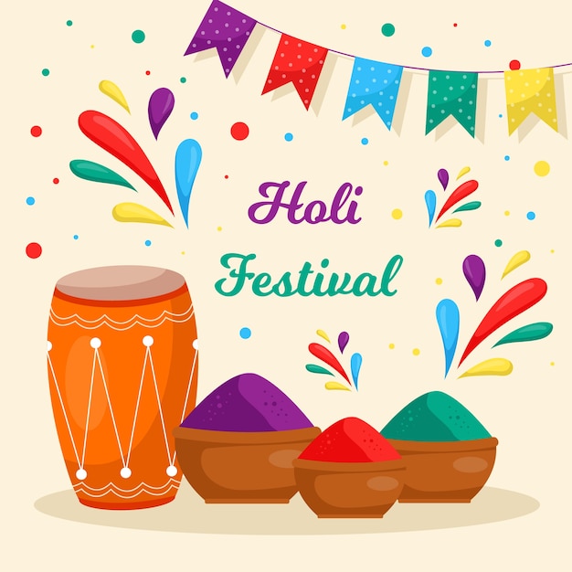 Flat holi festival mit girlande und farben