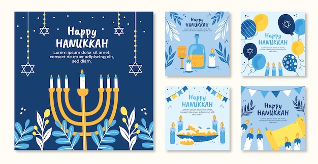Kostenloser Vektor flat-instagram-posts-sammlung für die jüdische chanukka-feier