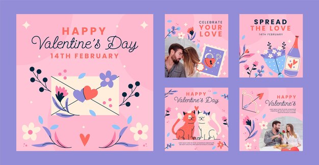 Flat-Instagram-Posts-Sammlung für die Valentinstagsfeier