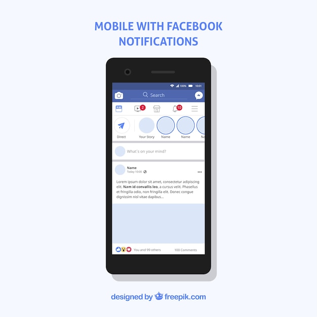 Kostenloser Vektor flat mobile mit facebook-benachrichtigungen