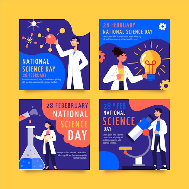 Kostenloser Vektor flat national science day instagram posts sammlung