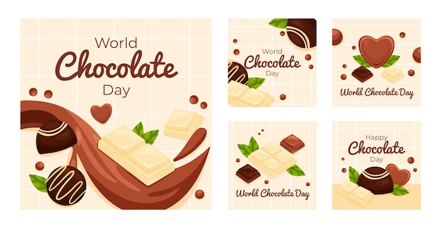 Kostenloser Vektor flat world chocolate day instagram-posts-sammlung