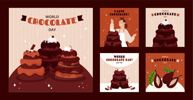 Kostenloser Vektor flat world chocolate day instagram-posts-sammlung