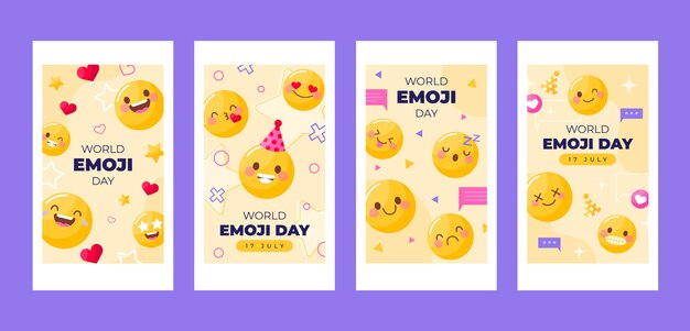 Flat World Emoji Day Instagram Geschichten Sammlung mit Emoticons