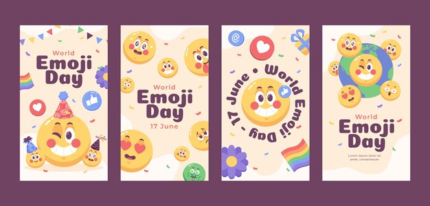 Flat World Emoji Day Instagram Geschichten Sammlung mit Emoticons