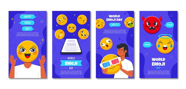 Flat World Emoji Day Instagram Geschichten Sammlung mit Emoticons