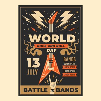 Flat world rock day poster vorlage mit e-gitarre